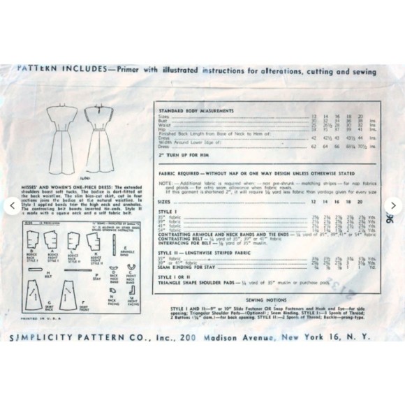 Vintage ©1940's Simplicity 1696 Sewing Pattern - Misses' One Piece Dress - Picture 2 of 2